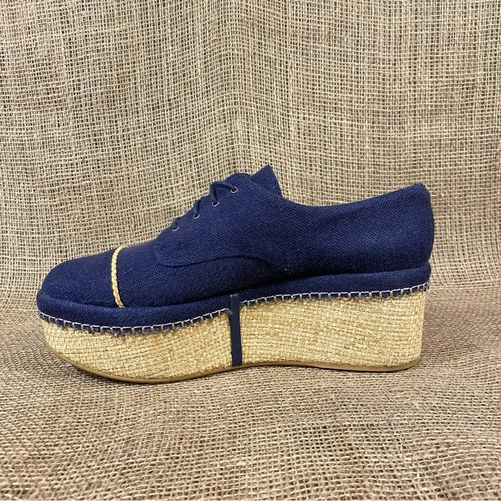 Stuart Weitzman Navy Blue Canvas Platform Espadrille Lace Up Oxford Shoes Size 9
